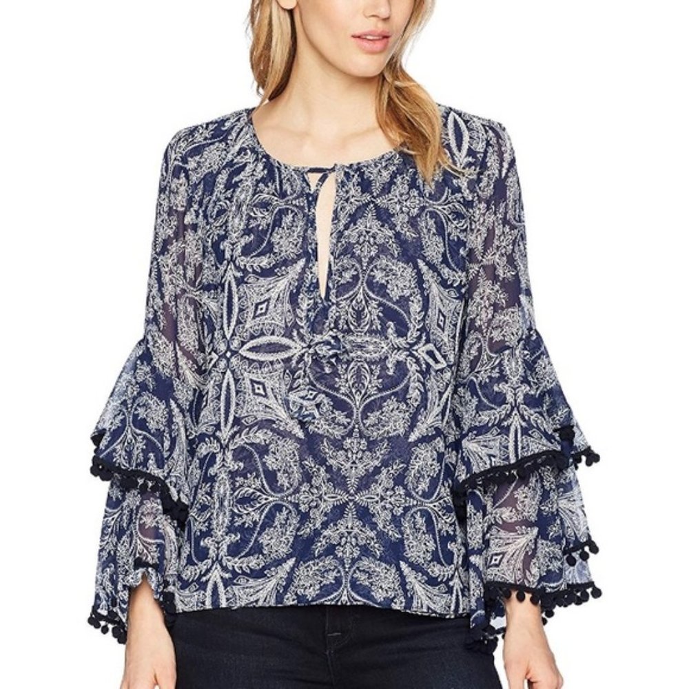 Misa LA top with ruffles and pom poms